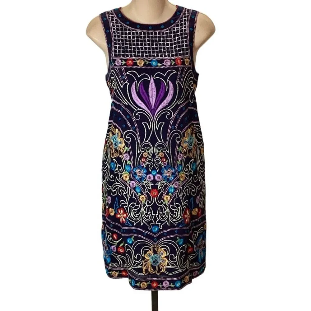 Maeve Anthropologie Kira Navy Floral Embroidered Print Sleeveless Shift Dress Sz - Picture 2 of 11